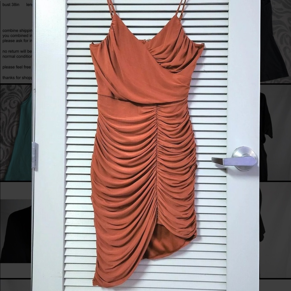 XL RUST ASYMMETRICAL RUCHING FITTED STRETCH DRESS
